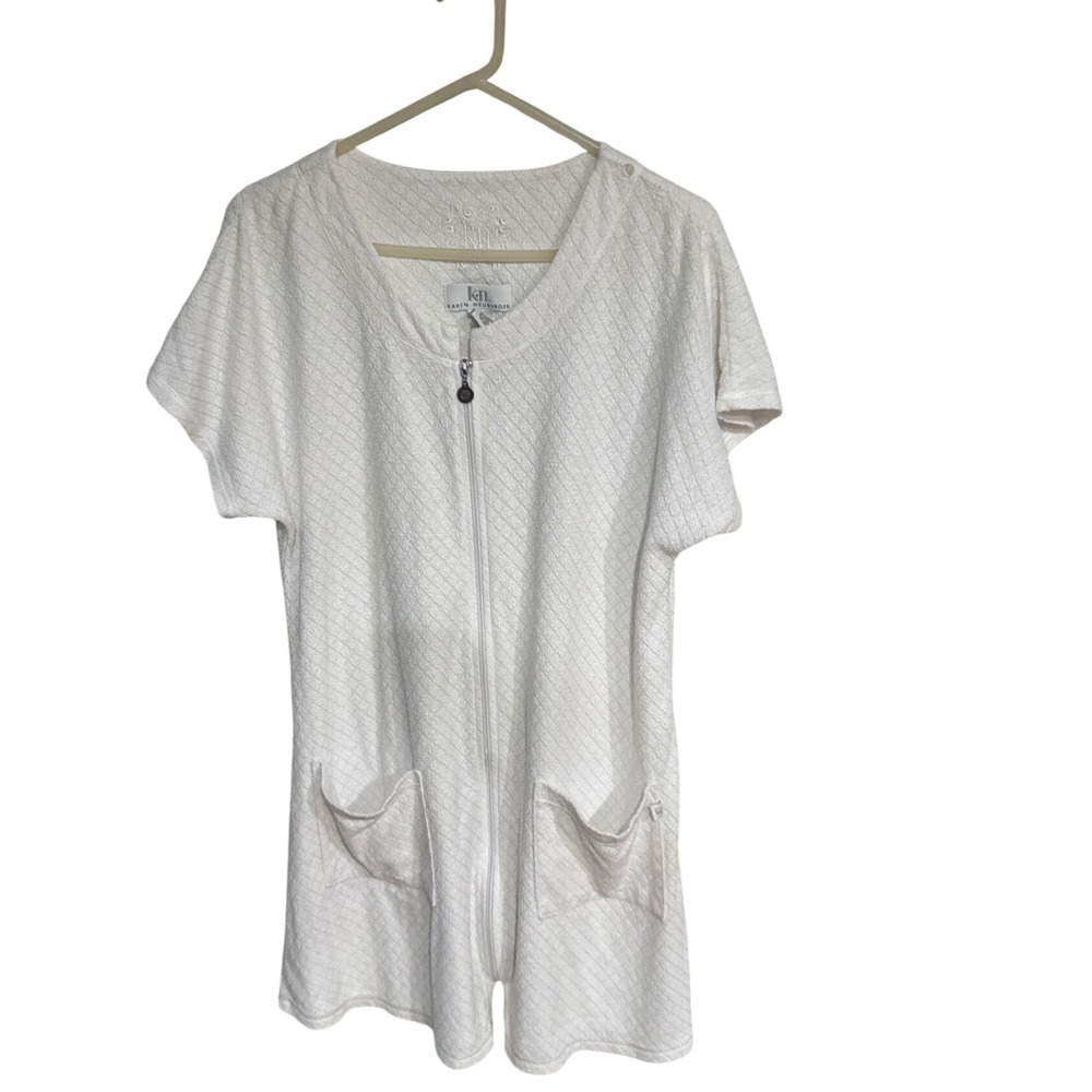 Karen Neuburger Womens White Quilted Zip Front Short Sleeve Robe Pockets Large